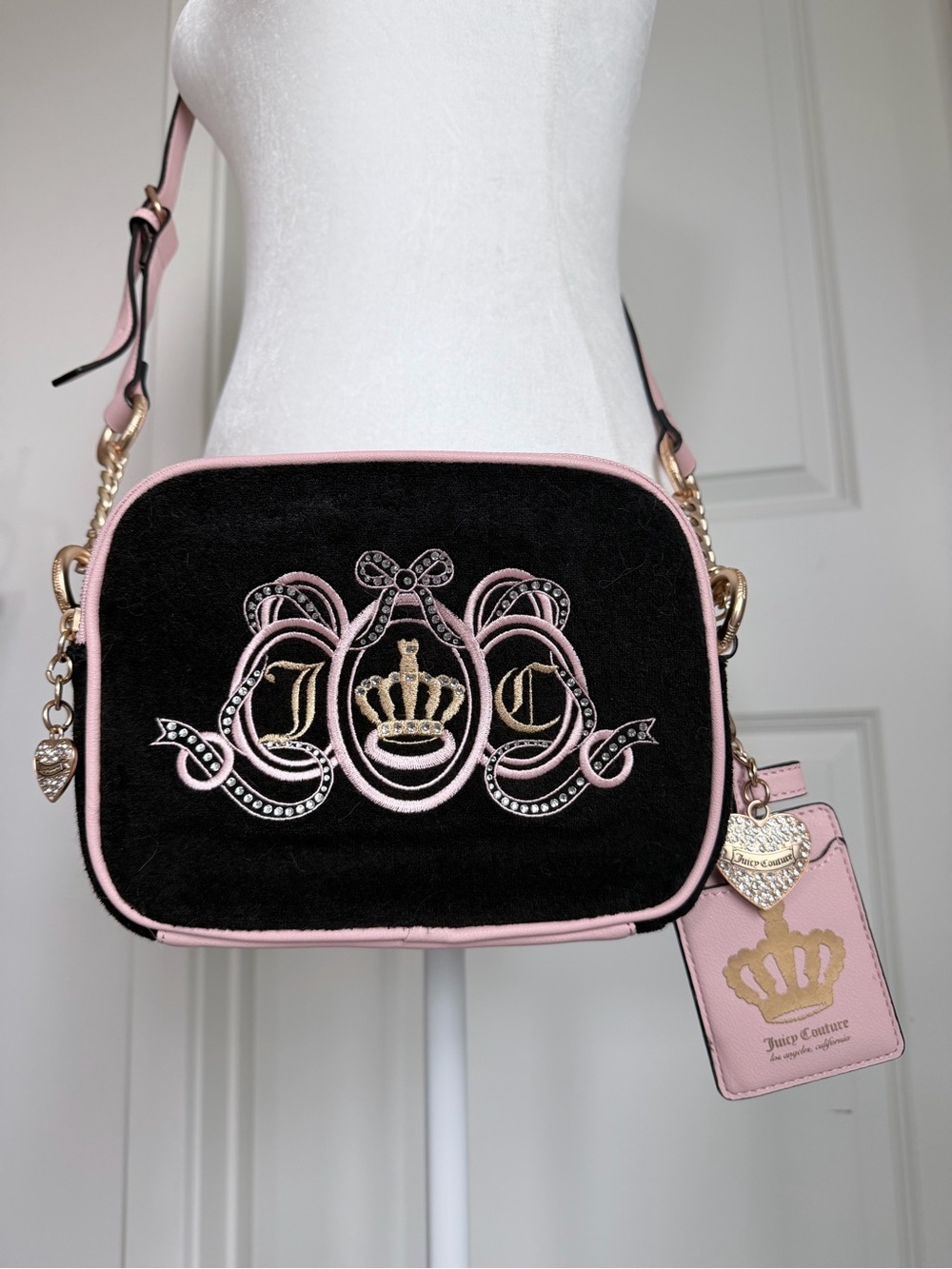 Juicy Couture Black & Pink Velvet Crossbody Bag